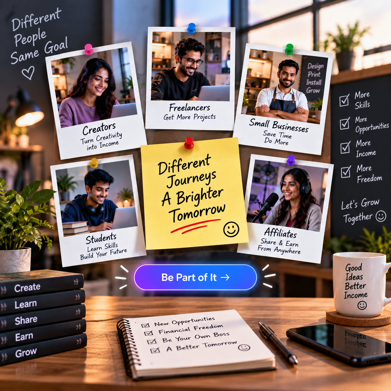 Different people connected by a shared opportunity to create and share