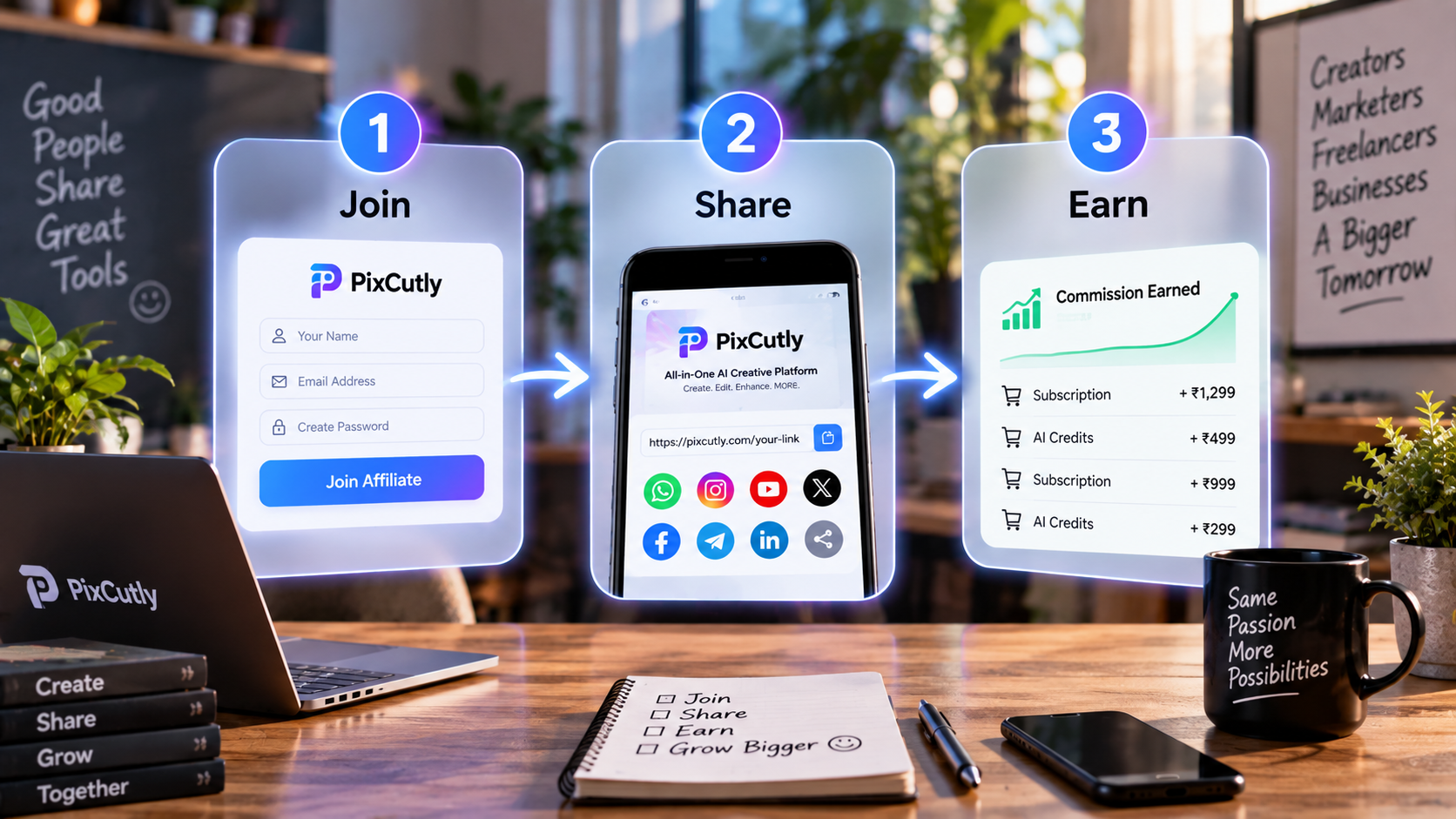 Join, share, and earn illustrated as a three-step PixCutly Affiliate flow