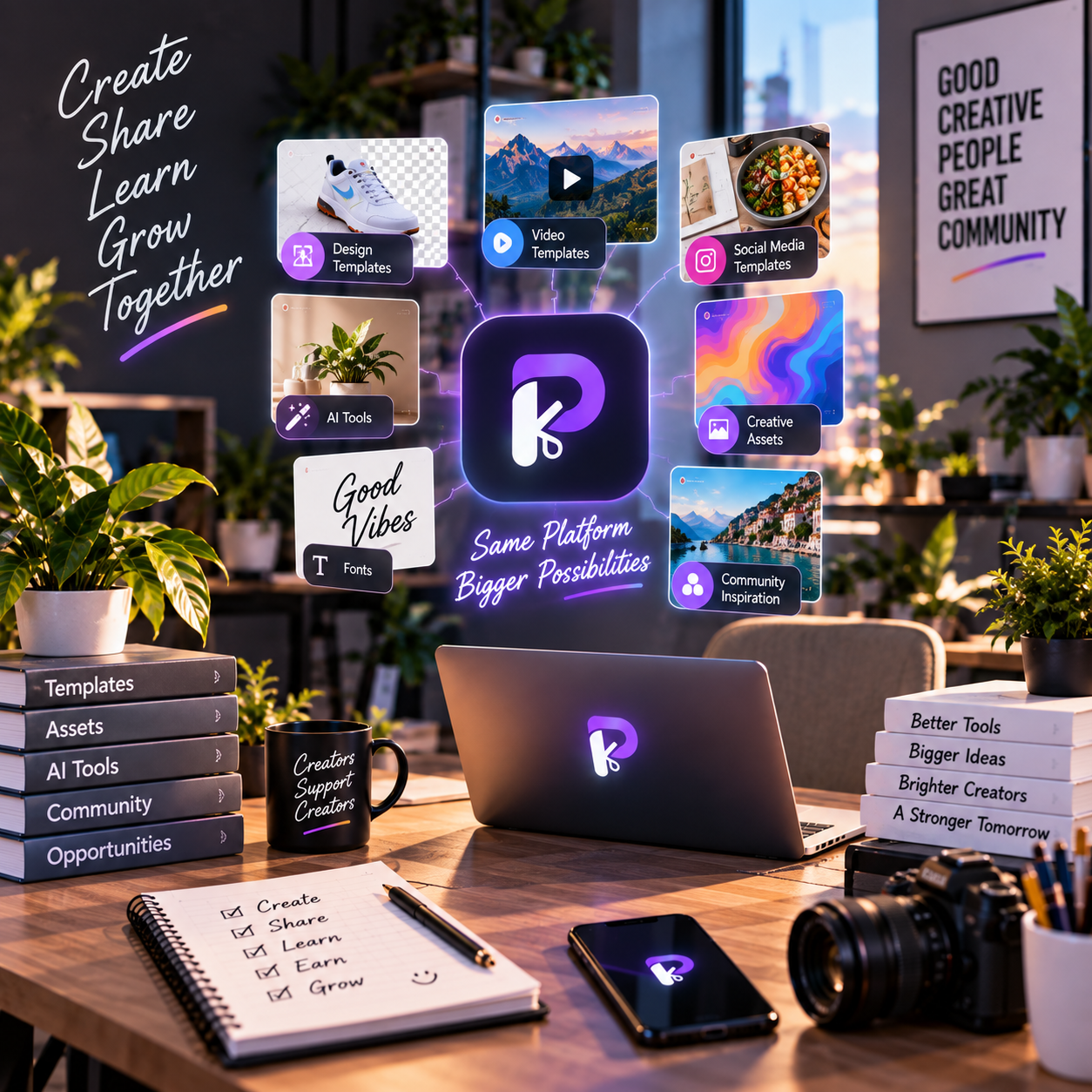 A PixCutly workspace surrounded by different kinds of creative templates
