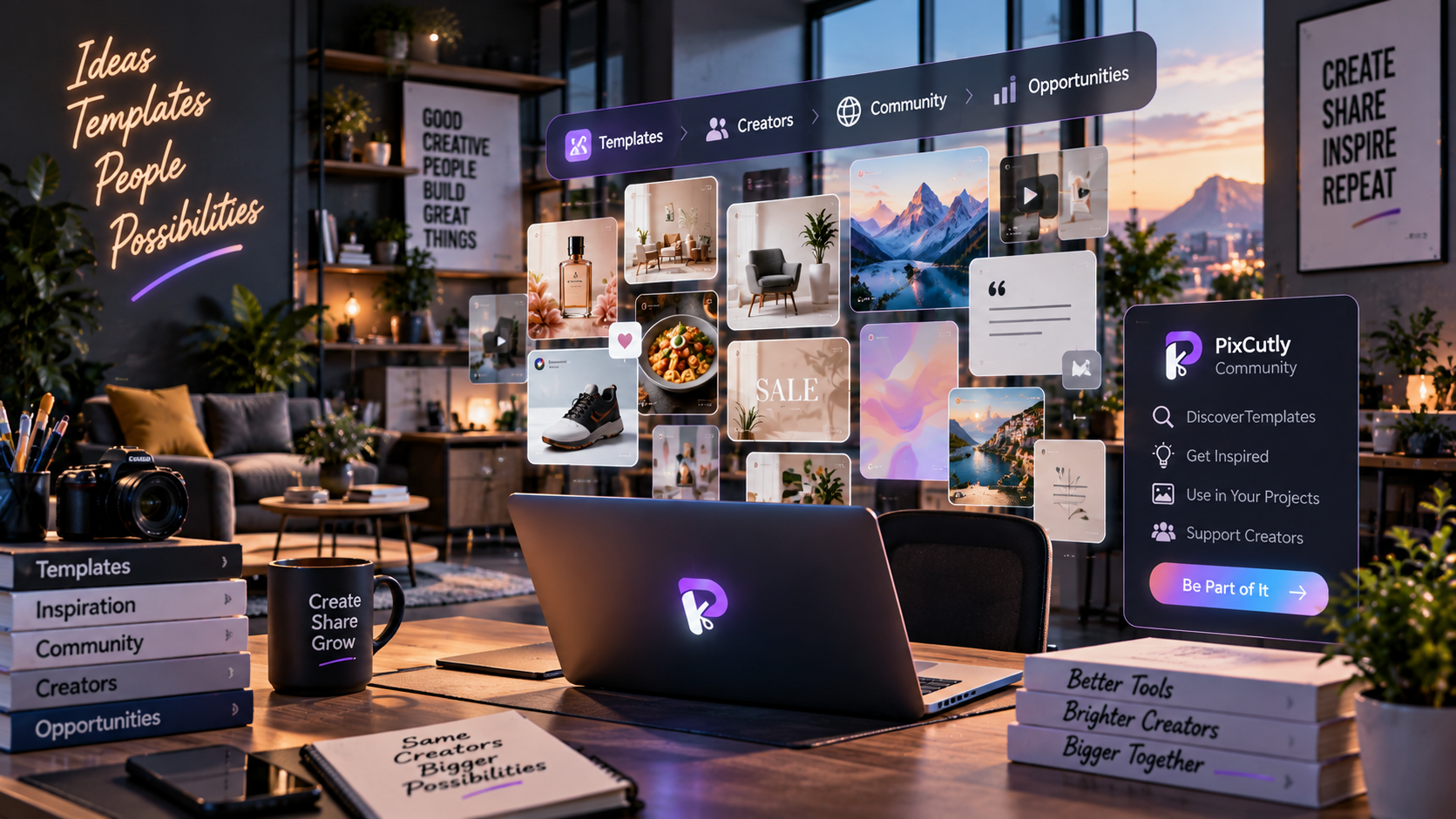 Templates and creative work floating around a PixCutly workspace