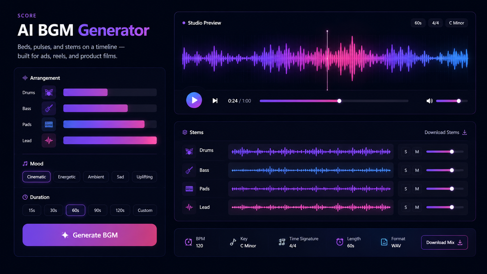 PixCutly AI BGM generator workspace for creating cinematic background music