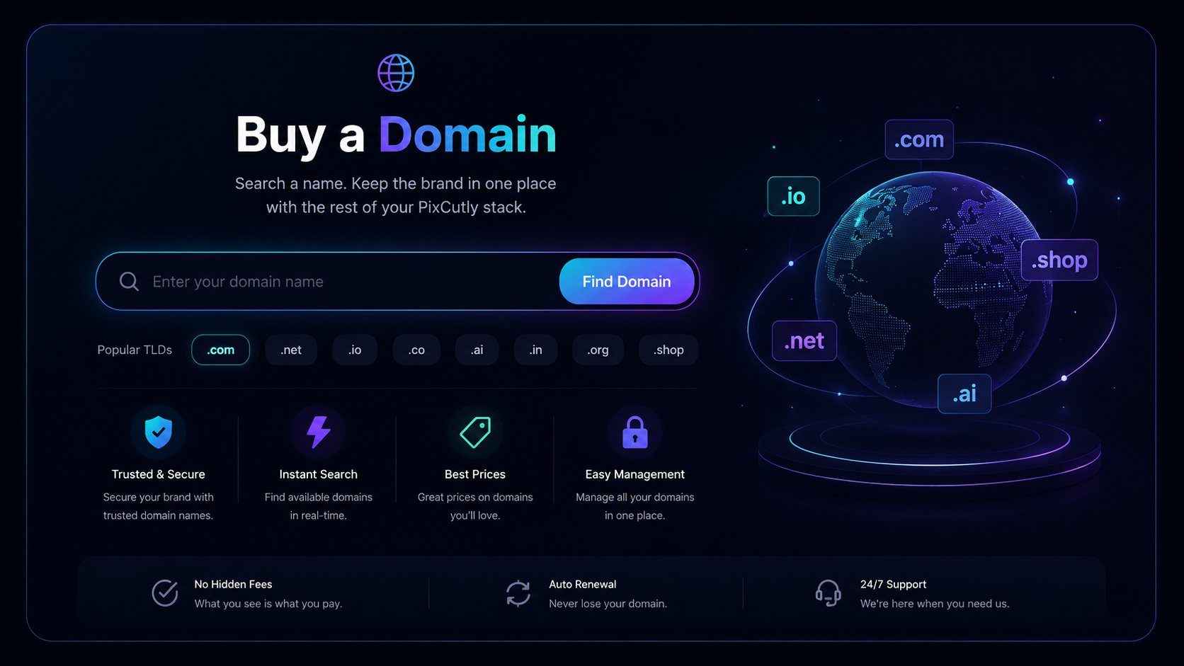 PixCutly domain search workspace for finding a brand domain