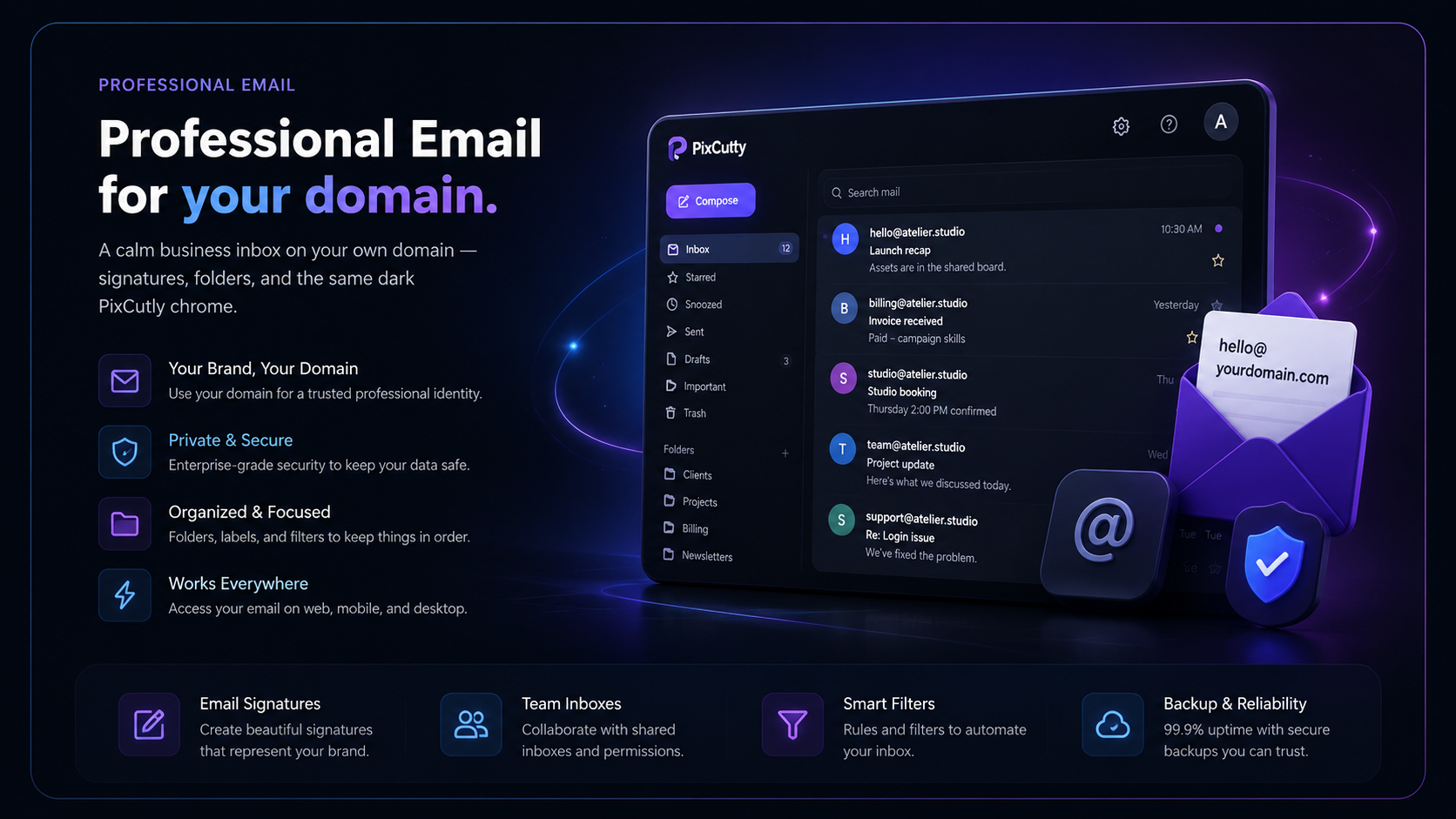 PixCutly professional email workspace for branded business inboxes
