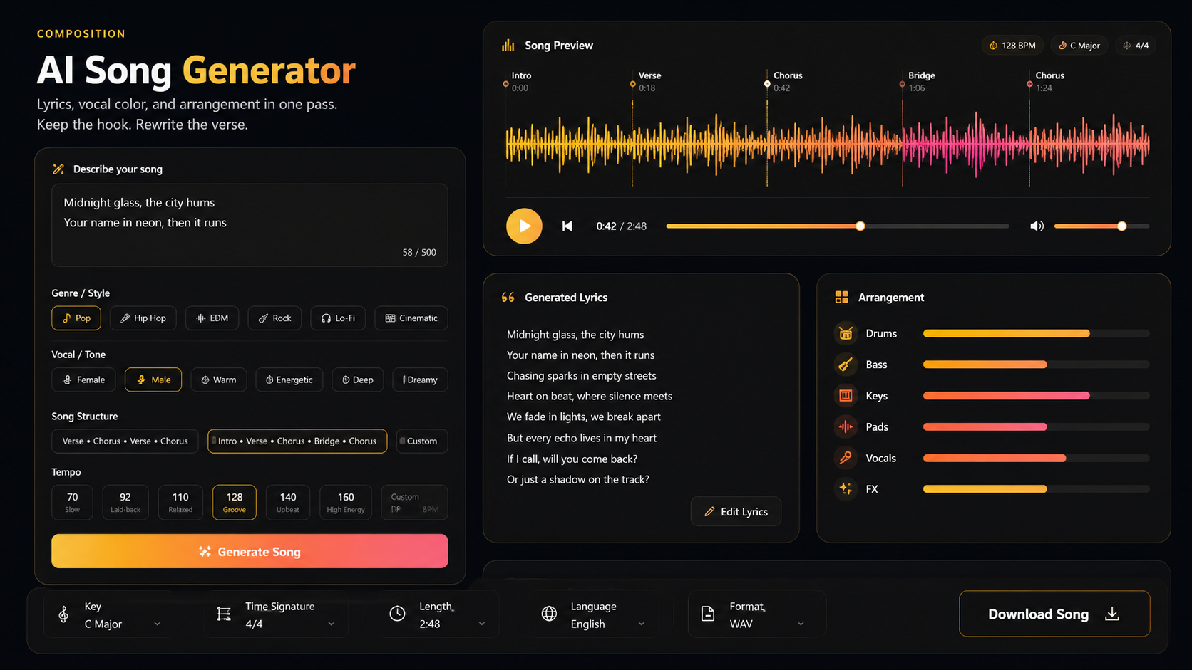 PixCutly AI Song Generator workspace for creating lyrics, vocals, and arrangements