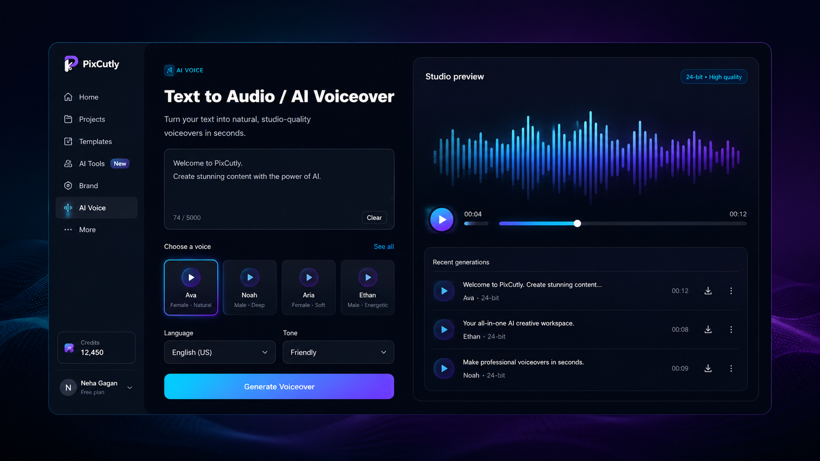 PixCutly text to audio workspace for creating AI voiceovers