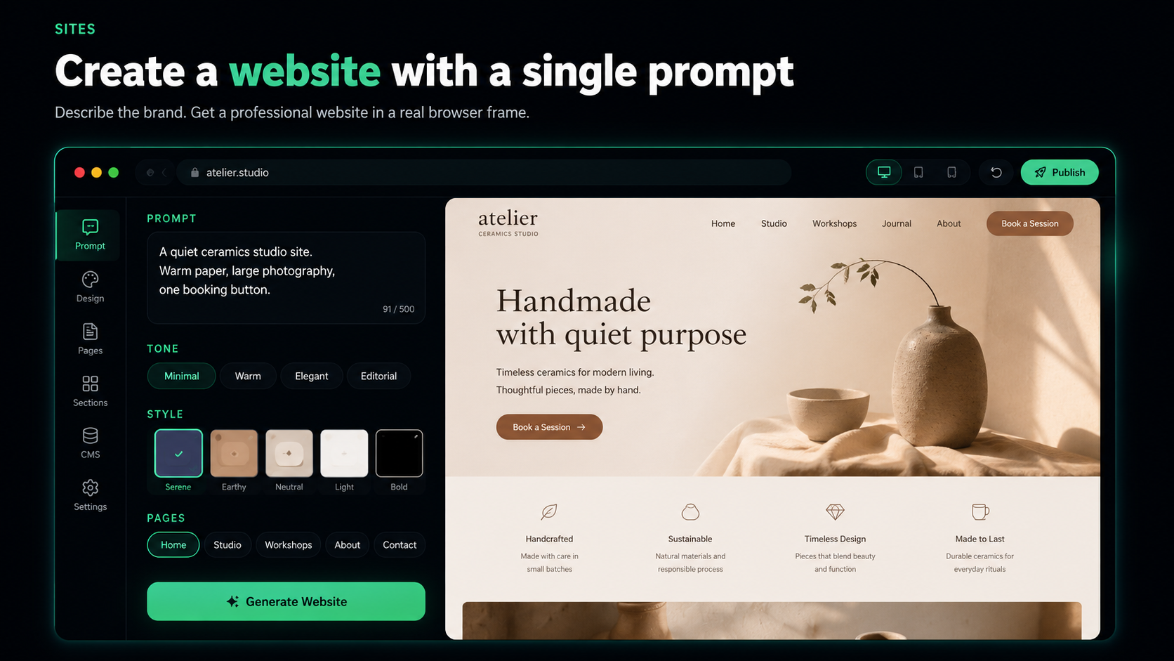 PixCutly AI website builder workspace for creating a site from one prompt